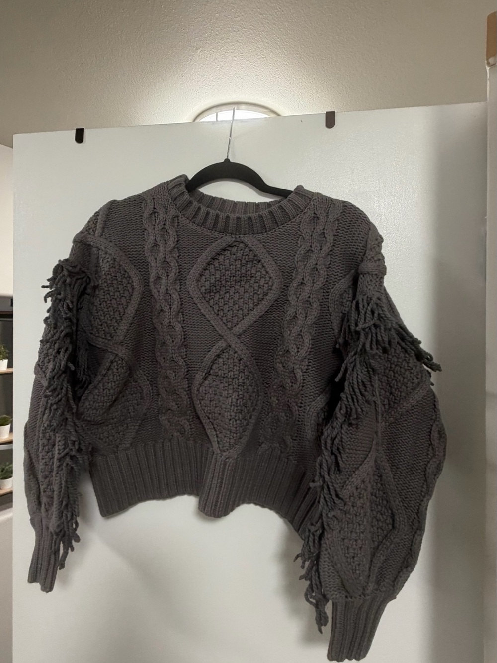Line & Dot Charcoal Cable Knit Fringe Crewneck Sweater
